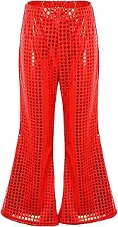 [Aislor] Kids Boys Girls Sequins Flared Pants Elastic Waistband Performance Costume Metallic Bell-Bottom Pants