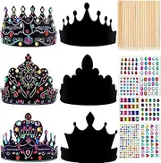 24 Set Crafts Crowns Set DIY Scratch Paper Crowns with Rainbow Color Headband Hats Wooden Styluses Craft Elastic Bands Colorful Gem Jewels Stickers for Boys Girls Adults (Colour)