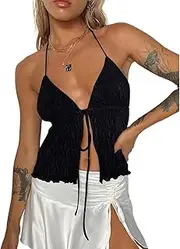 [Generic] Women's Tie Front Deep V Neck Sleeveless Split Crop Halter Top
