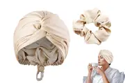 Silk Sleeping Cap with Hair Band Adjustable Double Layer Hair Bonnet for Women-Champagne