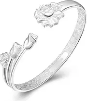 [BABESA] Sterling Silver Bracelet,Chain Bangle,Sterling Silver Bracelet For Women,Women 925 Sterling Silver Cuff Bangle Hand Carve Rose Flower Bracelet Sterling Silver Jewellery Birthday Gifts For Sisters Frie