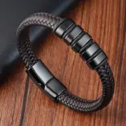 Men's Leather Wrap Braided Bracelet Bangle Titanium Steel Magnetic Clasp