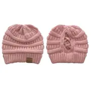Nevenka Soft Stretch Cable Knit Hat Ponytail Beanie Winter Hat For Women-Pink
