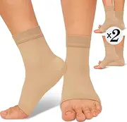2 Pack Ankle Brace Compression Sleeve 8-15 mmHg Open Toe Сompression Socks for Swelling,Plantar Fasciitis,Sprain, Beige (2 Pack), Small-Medium