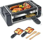 2 in 1 Electric Griddle,Raclette Table Grill, 500W Electric Indoor Raclette Grill, Nonstick Temperature Control BBQ Grill with 2 Cheese Pans and 2 Wooden Spatulas, for Parties and Indoor Use