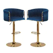 SERENITà 2x Height Adjustable Blue Swivel Bar Stool Velvet Golden Round Base Barstools Chairs
