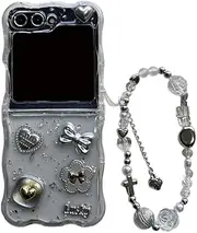[JLSDBMZ] for Samsung Galaxy Z Flip 6 Case,3D Cute Heart Bow Pattern,Light Luxury Clear Shiny Aluminum Foil Protective Cover,with Jeweled Diamond Bracelet for Galaxy Z Flip 6