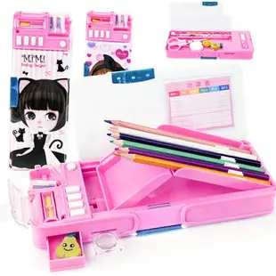 多功能文具盒卡通兒童塑料筆盒女孩小學生女童雙面鉛筆盒放大鏡韓國可愛創意鉛筆盒學習文具用品