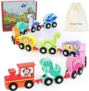 [HELLOWOOD] Dinosaur Toys for Toddlers Age 2-4, Wooden Dinosaur Train Set with Playmat/Storage Bag, Montessori Educational Toys for 2+ Years Old Boys & Girls