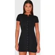 Black Soft Knit Button Through Mini Dress, Black