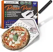 Perforated Pizza Peel 12 inch with 10 inch Folding Handle - Stainless Steel Spatula Paddle for Effortless Pizza Transfer & Easy Storrage - Outdoor Pizza Oven Accessories by KitchenStar