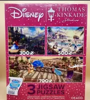 Disney Thomas Kinkade Studios 3 Jigsaw Puzzles in One Box w/ Puzzle Glue, NEW