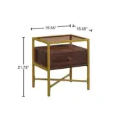 SAUDER End Table 21.732"H X 15.551"W, Metal Frame Rich Walnut 1-Drawer Glass Top