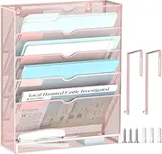 DALTACK Wall File Holder 6 Tier Hanging Wall File Organizer with Hooks, for Papers Mails Folders Clipboard Magazine Organization, for Office Home, Mesh Metal, Pink