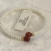 Pearl and Red Jade 14k Gold Bypass Bangle Flexible Bracelet