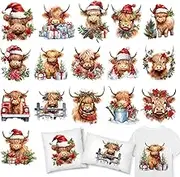 16 Sheets Christmas Iron on Stickers Highland Cow Poinsettia Heat Transfer Decals Xmas Cattle Printed HTV Crafts Vinyl for Clothing T-Shirts Fabric DIY