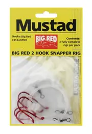 1 x Packet of 3 Mustad Big Red Snapper Rigs-2 Hook Pre-Tied Snelled Snapper Rigs