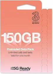 Three Mobile PAYG Voice SIM Pack, Pre-loaded with 150GB of data, unlimited minutes and texts.
