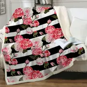 Black and White Stripes and Pinkish Roses Throw Blanket