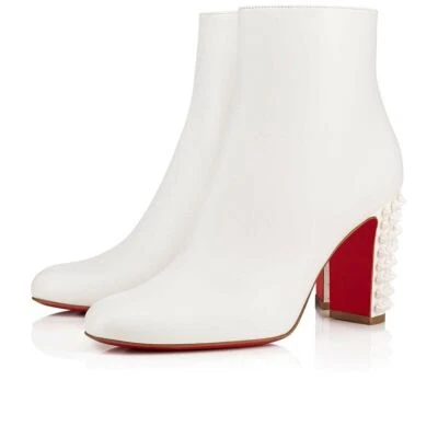 Christian Louboutin Suzi Folk 85 White Snow Leather Spike Ankle Heel Bootie 35