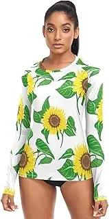 [RPLIFE] Bright Sunflowers Green Leaves Womens SPF Tops Long Sleeve Running Top, Summer Hiking Clothes Women