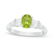 Oval Peridot and Lab-Created White Sapphire Tri-Sides Ring in Sterling Silver