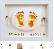 Baby Footprint Kit - Wooden Art Photo Frame Baby Prints Hands and Feet,Safe Paint, Handmade Fetal Hair Collection Bottle for Baby Shower, Family Keepsake