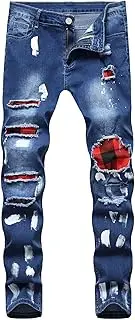 [SWJGLITTR] Men Slim Fit Ripped Patches Jeans Patch Ripped Regular Fit Jean Destroyed Motorcycle Denim Pants