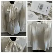 7 For All Mankind Women's White Gold Tie Neck Button Front Blouse Size Large