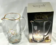 Vintage Glass ETCHED FROSTED FLOWERS W Gold Trim HAND BLOWN PITCHER Barware