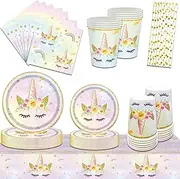 JINLAIYUN Party Tableware, Tableware, Plate Set with Paper Plates, Napkin, Paper Cup, Children's Birthday Party for Birthday Party (Rainbow Unicorn)
