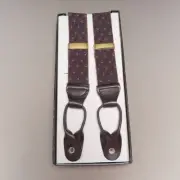 Mens Suspenders Brass Trim Leather Button On Adjustable Dot Ribbons England NEW