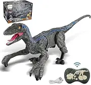 R/C Dinosaur Toy Remote Control Velociraptor | 2.4Ghz Simulation Electronic RC Realistic Walking Blue Dino Robot with Lights and Roaring Sounds for Kids