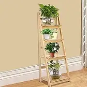 PZLVAME 4 Tires Ladder Shelf Flower Stand Display Stand Foldable Ladder Shelf Wooden Bookshelf Home Balcony Office (White)(Log Color)