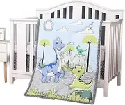Sweet baba Dinosaur Bedding Set for Toddlers, Blue Crib Set, 4 Piece Bedding Set with Crib Bedspread, Sheet, Dust Ruffles and Blanket
