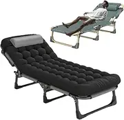 Folding Camping Beds for Adults, Portable Folding Adult Bed with Pearl Cotton Cushion, 5 Position Lounge Chair Indoor Comfy, Oxford Cloth Guest Bed, for Garden Office Travel Black+Gray