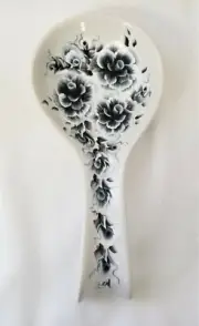 Stoneware Spoon Rest Black & White Roses & Buds Hand Painted
