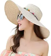 [FOllsy] Dayan Straw Hat Women's Summer Sunshade Hat Sunscreen Seaside Sunshade Hat Versatile Beach Hat Travel Foldable Sunshade Hat Sun Hat-Beige||Adjustable
