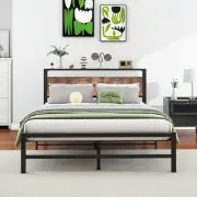 Double Size Metal Platform Bed Frame with Storage Headboard, Bed Frame Double Si