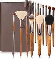 Makeup Brush Set: 15pcs Walnut Wooden Makeup Brushes With Leather Button Bag, Professional Makeup Brushes For Foundation Concealer Kabuki Blush Eyeliner Shadow Brow, Makeup Brush Sets & Kits