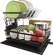 Romision Stainless Steel Dish Drying Rack for Kitchen Counter, 2 Tier Dish Rack with Drainboard Set, Detachable Large Dish Drainer with Utensils Holder, Dish Drainer Rack with Extra Drying Mat, Black