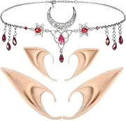 FRESHME Elf Ears with Moon Headpieces Set, Sliver Fairy Ears and Crescent Head Chains for Women Cosplay Costume Accessories