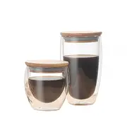 2PK 250/350/450ml Double Wall Coffee Cup W/ Lid Tea Glass Mug Insulated Bamboo lid Glass lid