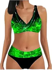 [ZTRZHCHYA] Women's Swimwear 2 Piece Regular Swimsuit 2 Piece Green Printed Halter Swimsuit Sport Beachwear Holiday