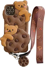 iPhone 12 Pro Max Case Cute with Lanyard Keychain Kawaii 3D Cartoon Bear Cookie iPhone Case Soft Silicone Shockproof Protective Case for Women Khaki