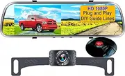Backup Camera Mirror HD 1080P - Plug and Play Easy Set up Color Night Vision Rear View Mirror with License Plate Camera for Car Truck SUV Waterproof DIY Guide Lines AMTIFO A1