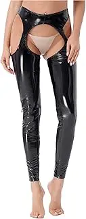 [Yihuimin] Womens Shiny Metallic Faux Leather Leggings Crotchless Tights Pants Clubwear