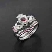 2Ct Heart Lab-Created Ruby Claddagh Wedding Bridal Ring Set 14k White Gold Over