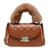Fashion Lattice Pattern PU Leather Crossbody Bag Plush Handle Handbags Women Casual Solid Color Commuter Top-handle Bag
