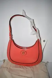 Tory Burch Robinson crescent shoulder bag in crosshatched leather Coral Crush #